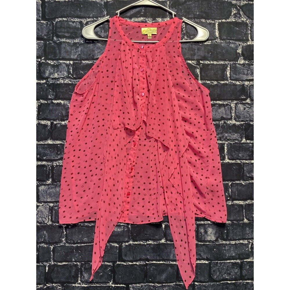 Vera Wang Princess Top Womens Large Pink Black Polka Dots Button Up Sheer Blouse